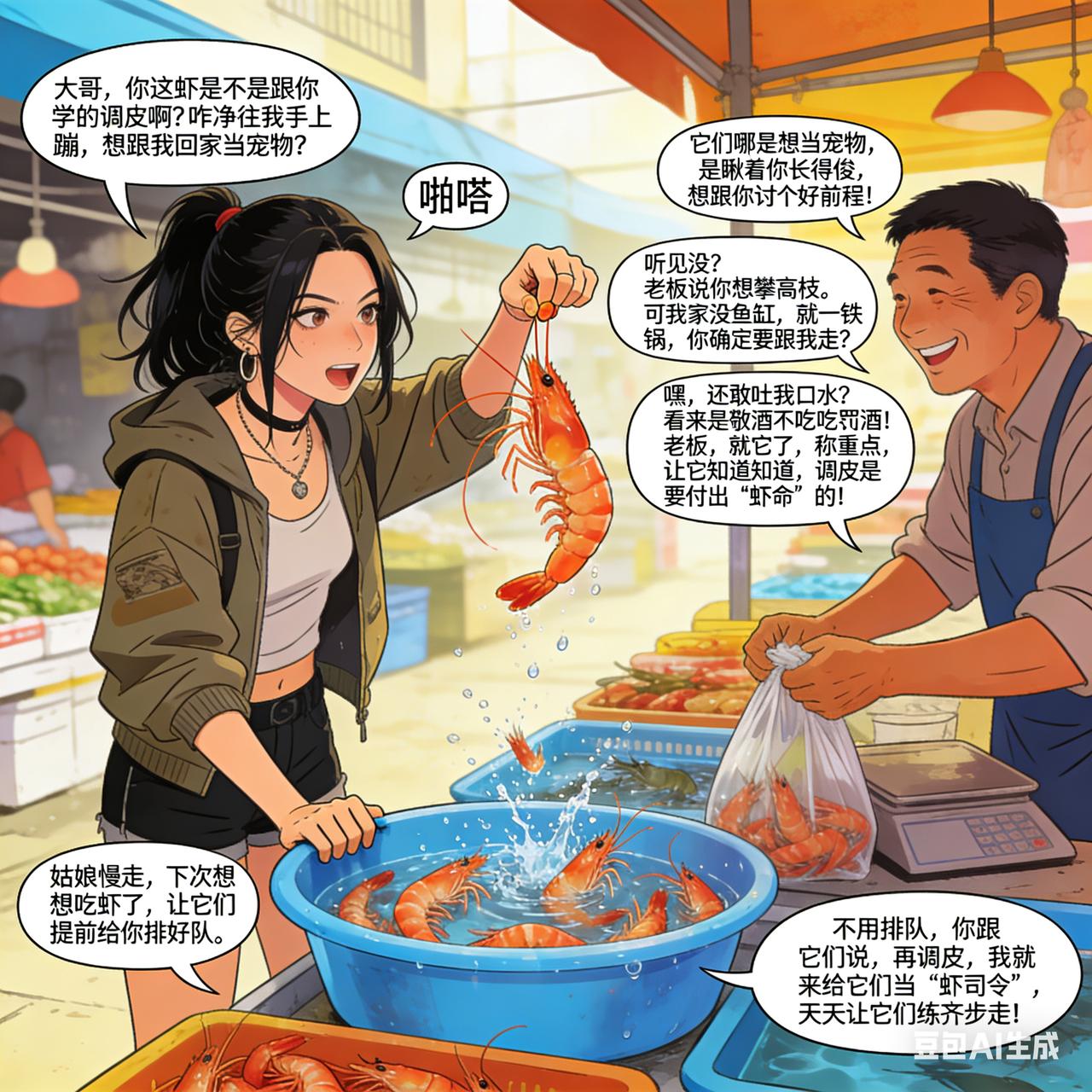 女流氓搞笑段子女流氓去水产摊买虾，瞅着老板捞上来的虾个个蹦跶，伸手在盆沿一敲