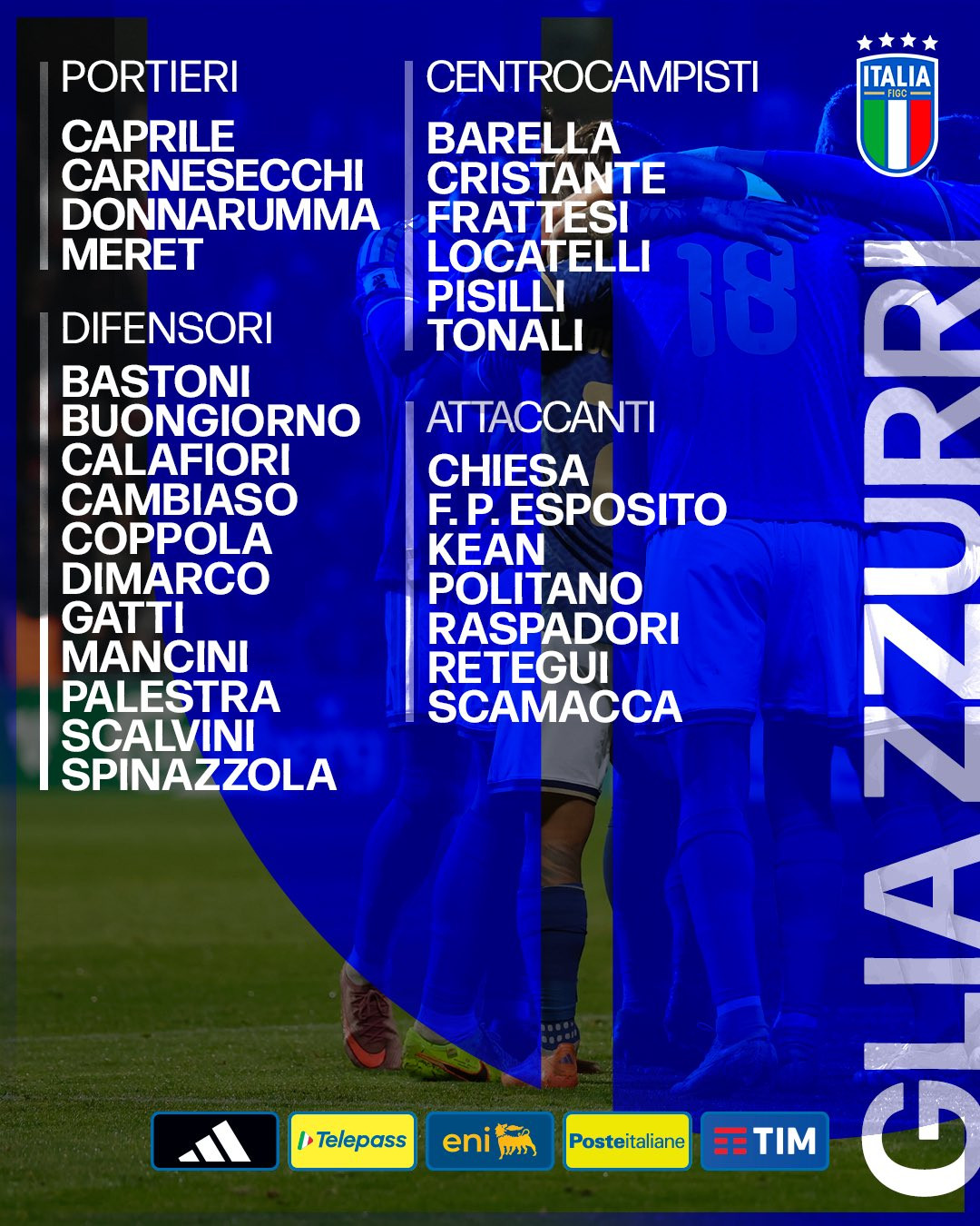 3月20日意大利国家队公布新一期球员名单，托纳利、基耶萨、巴雷拉、多纳鲁马在列，