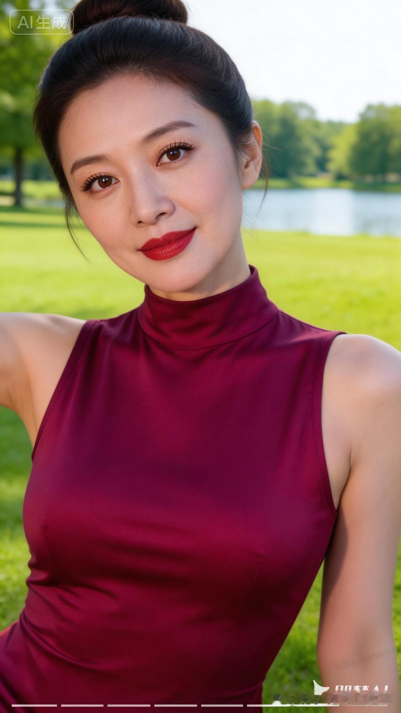 优雅红衣，自然绿意，公园里的美丽瞬间