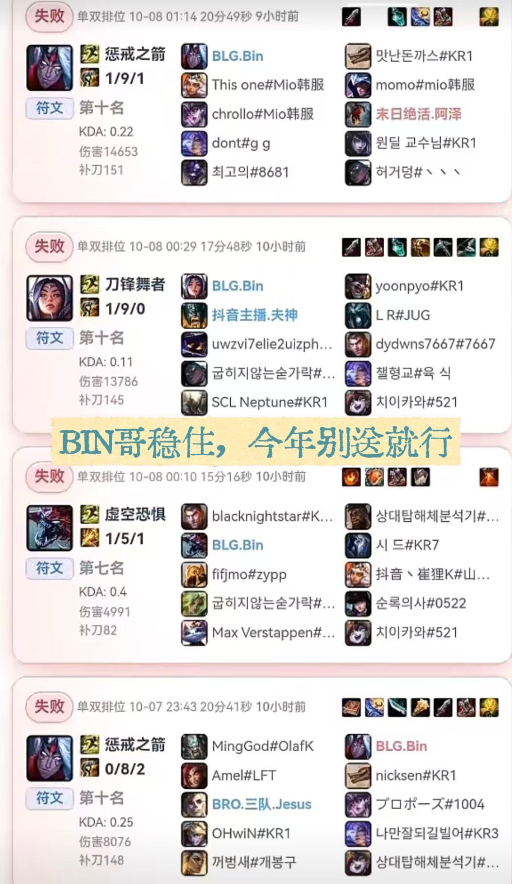 Bin哥这阵子排位打得有点抽象，BLG世界赛能不能冲，全看家中野发挥了。​​​