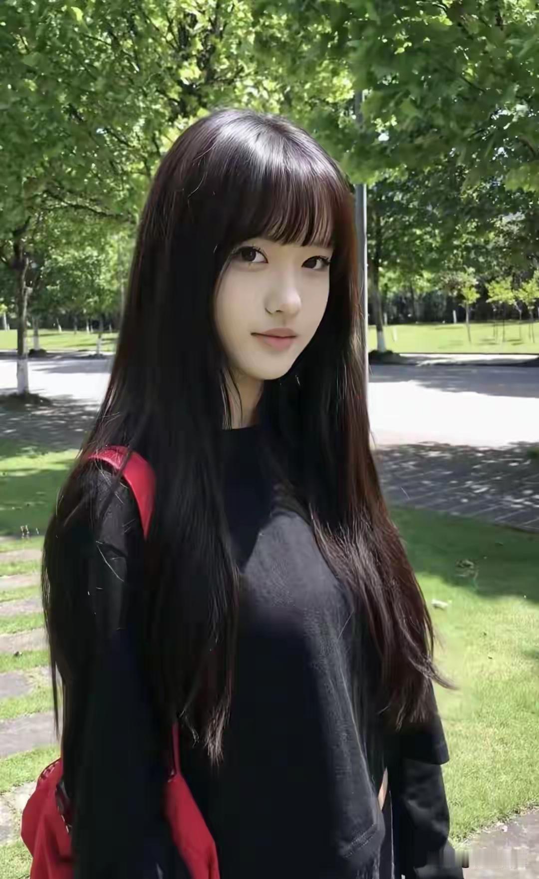 阳光下的黑发少女，清新自然，元气满满！🌞💕