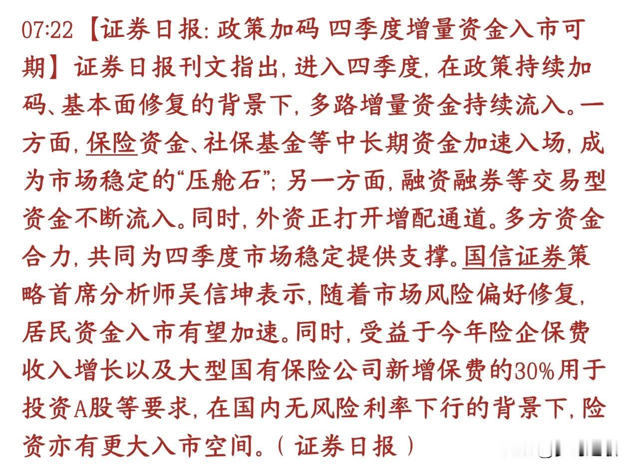 官媒发声，看好四季度的A股的行情证券日报发文观点：四季度政策不断发力，加上经济