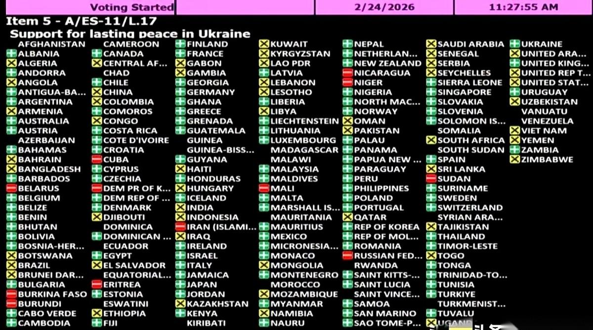 联合国投了个票，结果绝了。一堆人吵吵嚷嚷，说要乌克兰“持久和平”，听着都挺对的