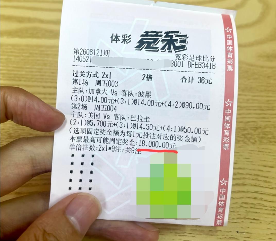 这张最高中奖额很大的世界杯竞猜彩票，大家觉得中的概率高不高？加拿大vs波黑那场