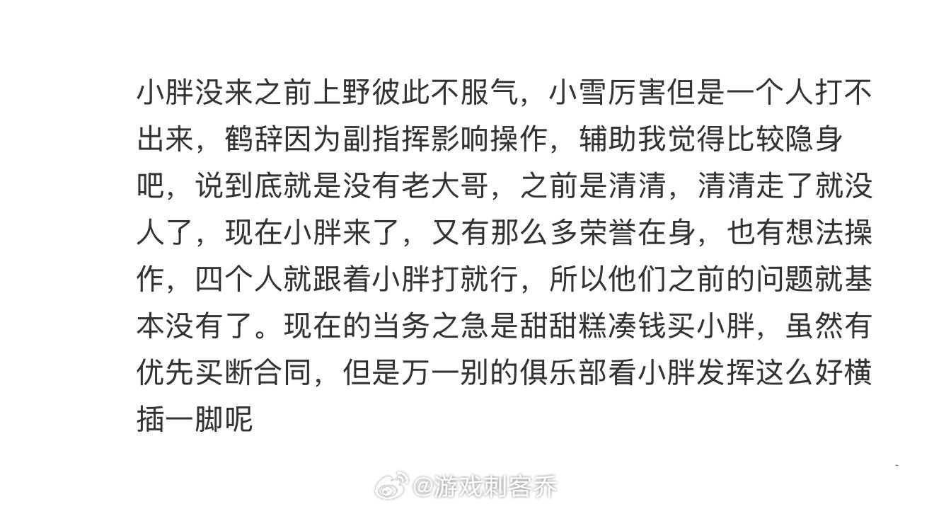 小胖没来ttg之前上野彼此不服气，小雪厉害但是一个人打不出来，鹤辞因为副指挥影响