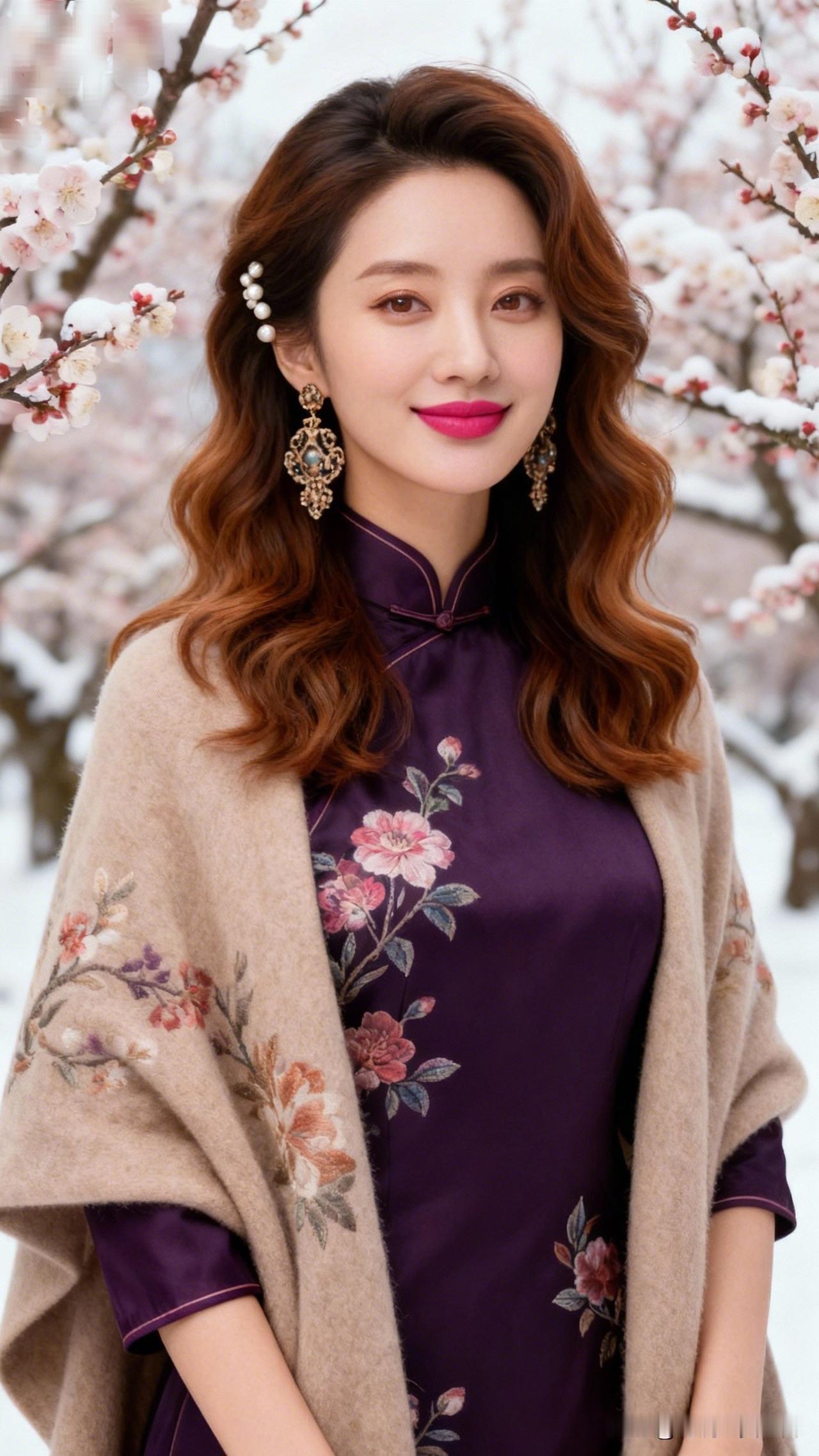 雪中花香，红妆玉人。分享你相册里一张带花的照片冬日雪景中的优雅女子，紫色旗袍与