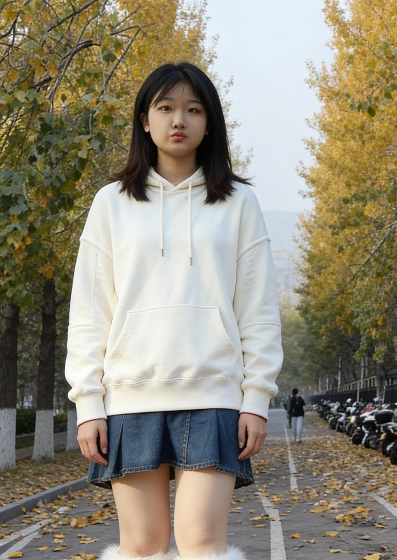 当我的打开秋的画布白卫衣蘸着金黄的颜料牛仔裙裁开柏油路的单调她站在那里像