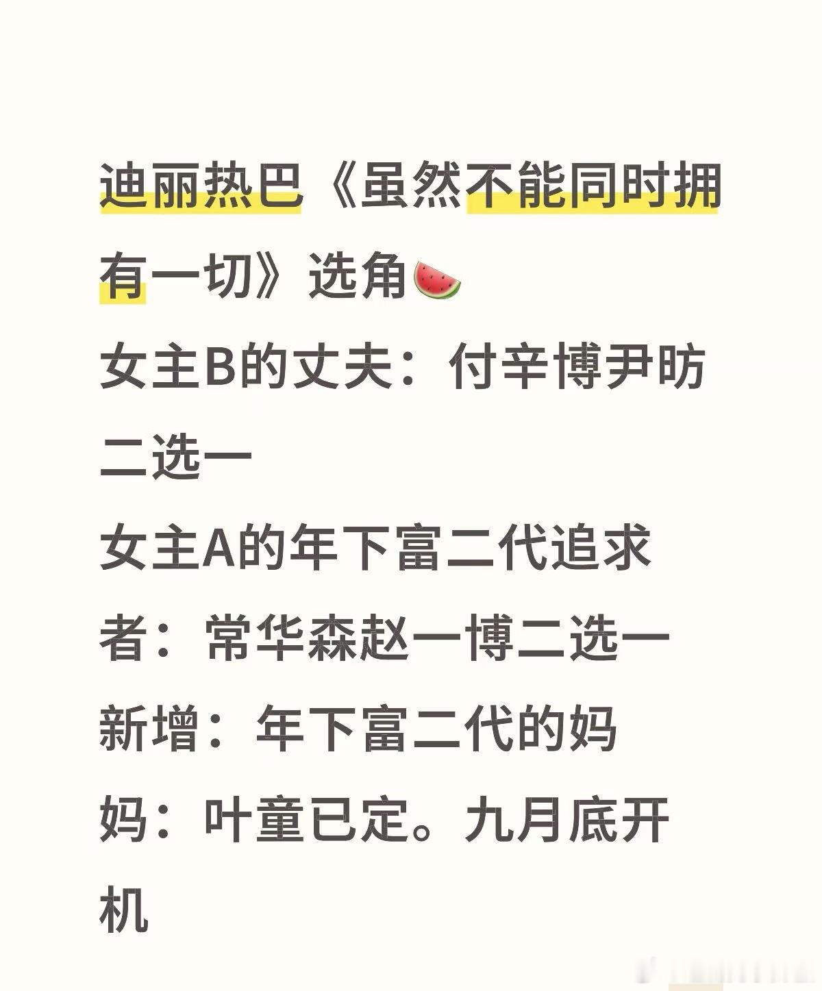 迪丽热巴新剧《虽然不能同时拥有一切》选角🍉，女主一人饰两角​​​