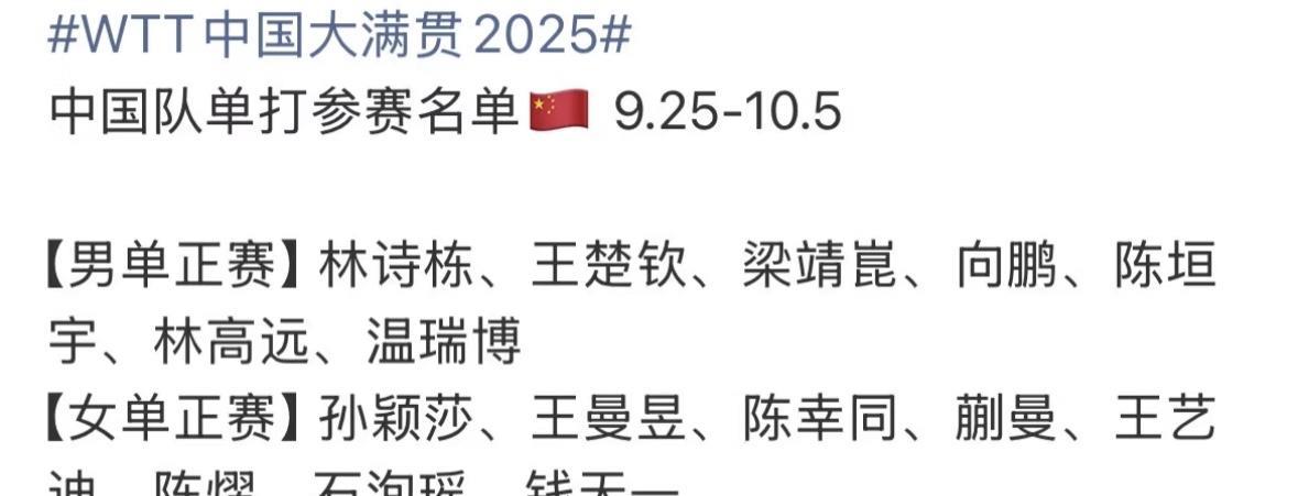 WTT北京大满贯国乒参赛选手名单完整版WTT北京大满贯9月25—-10月5日