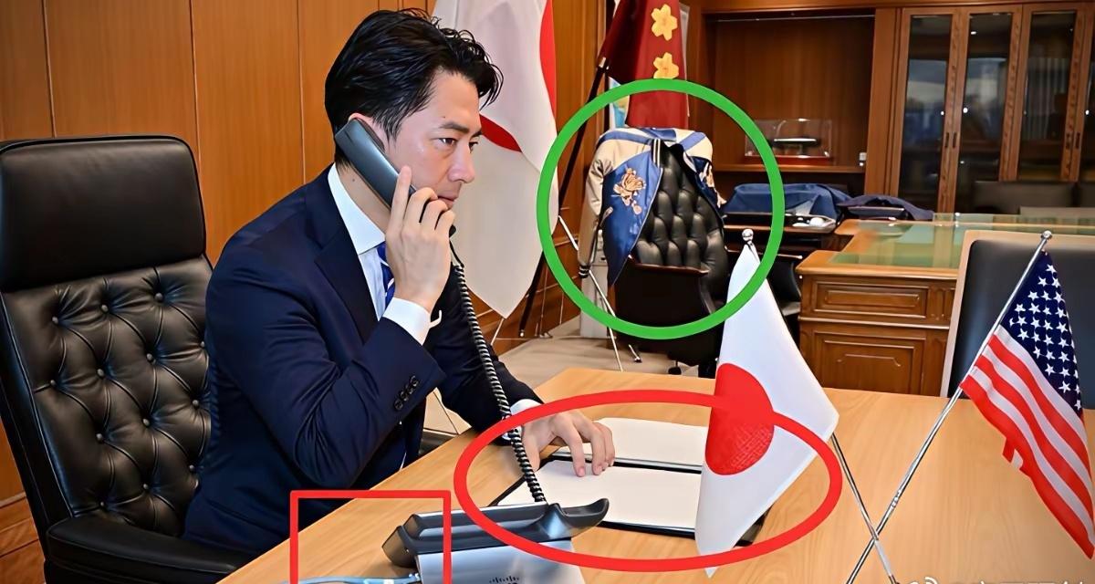 日本防卫大臣小犬为了摆拍用心良苦，空白的纸，现拉的电话线，还有后面椅子刻意摆上和