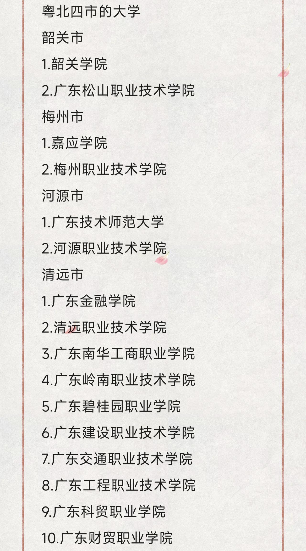 粤北四市一共有16间大学，其中韶关2间，梅州2间，河源2间，清远10间。清远主要