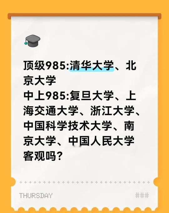 顶级985:清华大学、北京大学中上985:复旦大学、上海交通大学、浙江大学、中