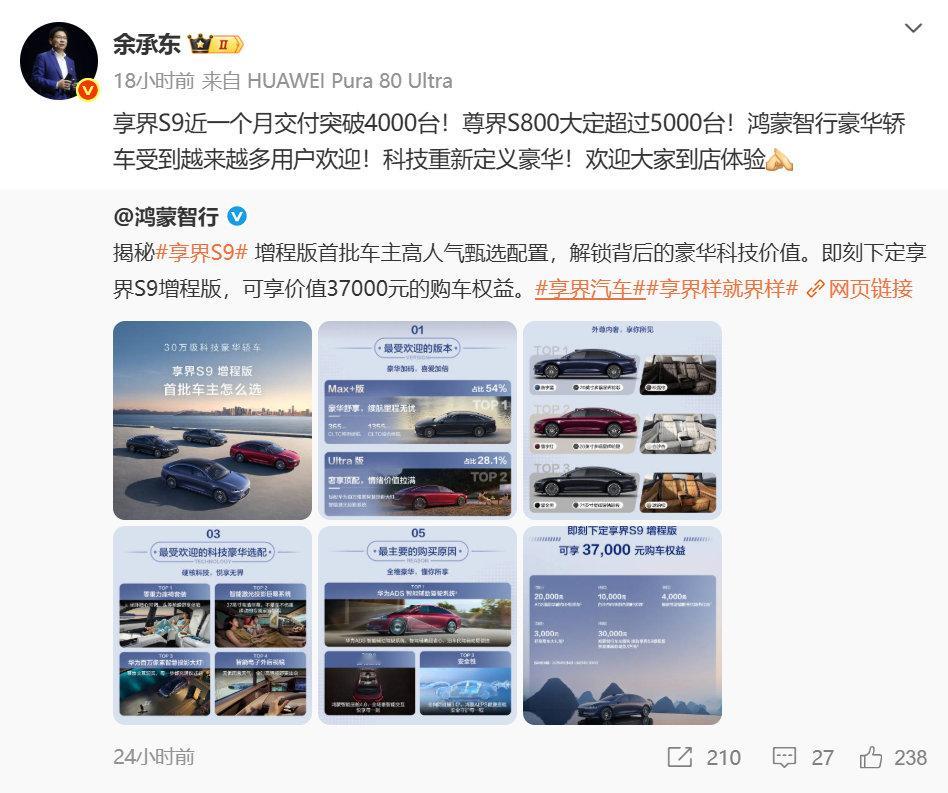 享界S9近一个月交付量累计破4000台，月销量与同级传统豪车不断缩小，销量势能
