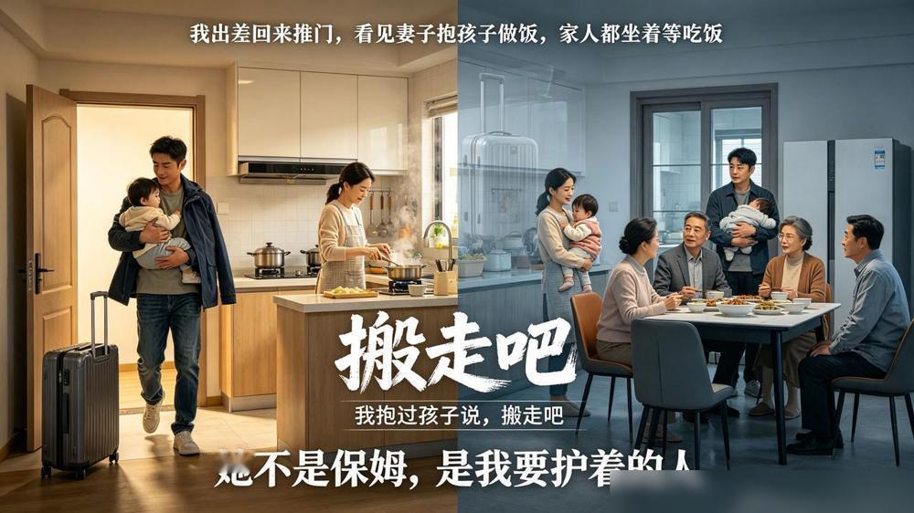 我出差回来推门，看见妻子抱孩子做饭，家人都坐着等吃饭，我抱过孩子说，搬走吧。