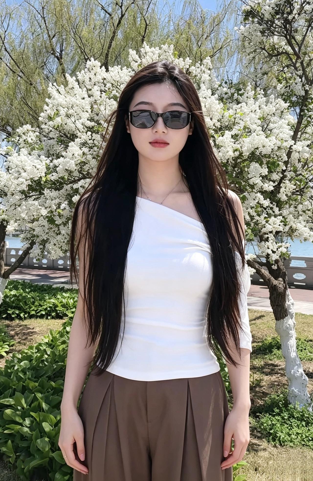 繁花在身后盛开，白色的花瓣叠成浪，漫过你的肩头。你站在绿意与花香之间，像一首冷