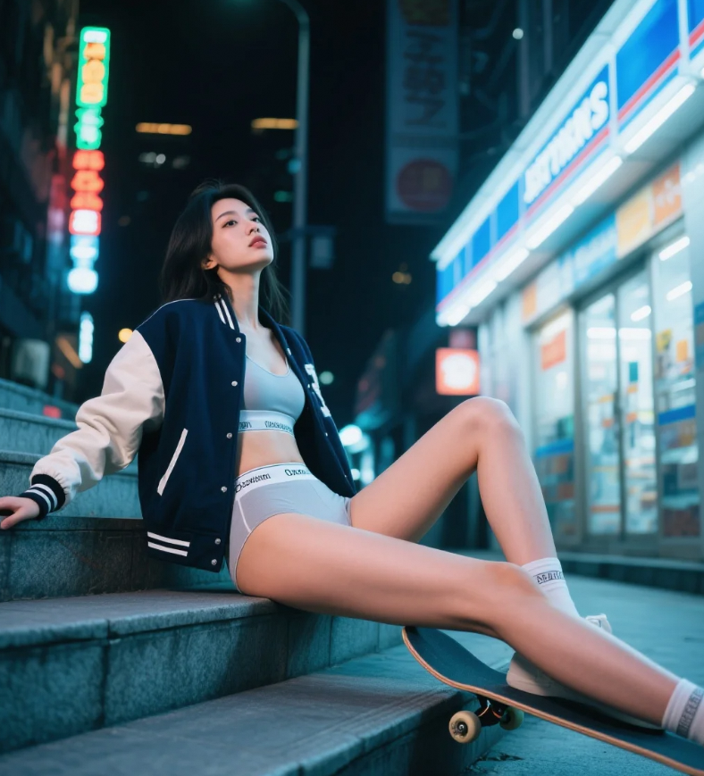 霓虹光斑洒满衣襟，棒球夹克美女的赛博宇宙