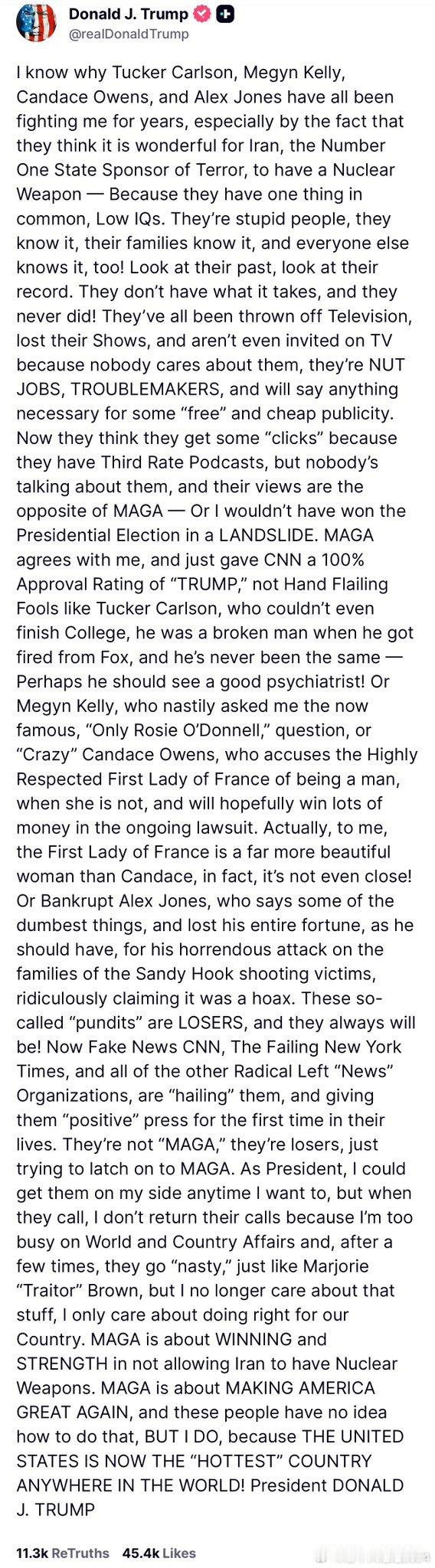 今天下午，川普总统正式向“伪MAGA”开火了：“我知道为什么塔克·卡尔森、梅根·