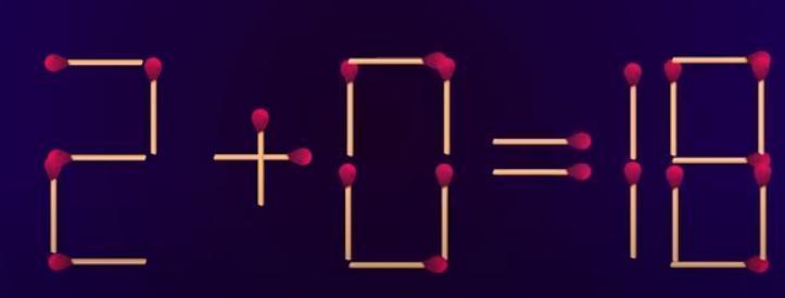 这道火柴谜题里，等式“2+0=18”显然不成立。现在60秒挑战开
