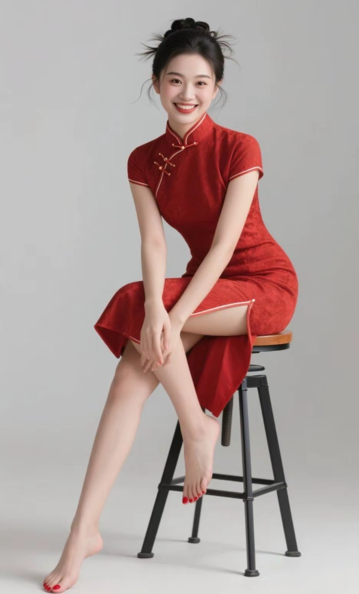 乌发高挽，红色旗袍，东方韵味，温婉从容
