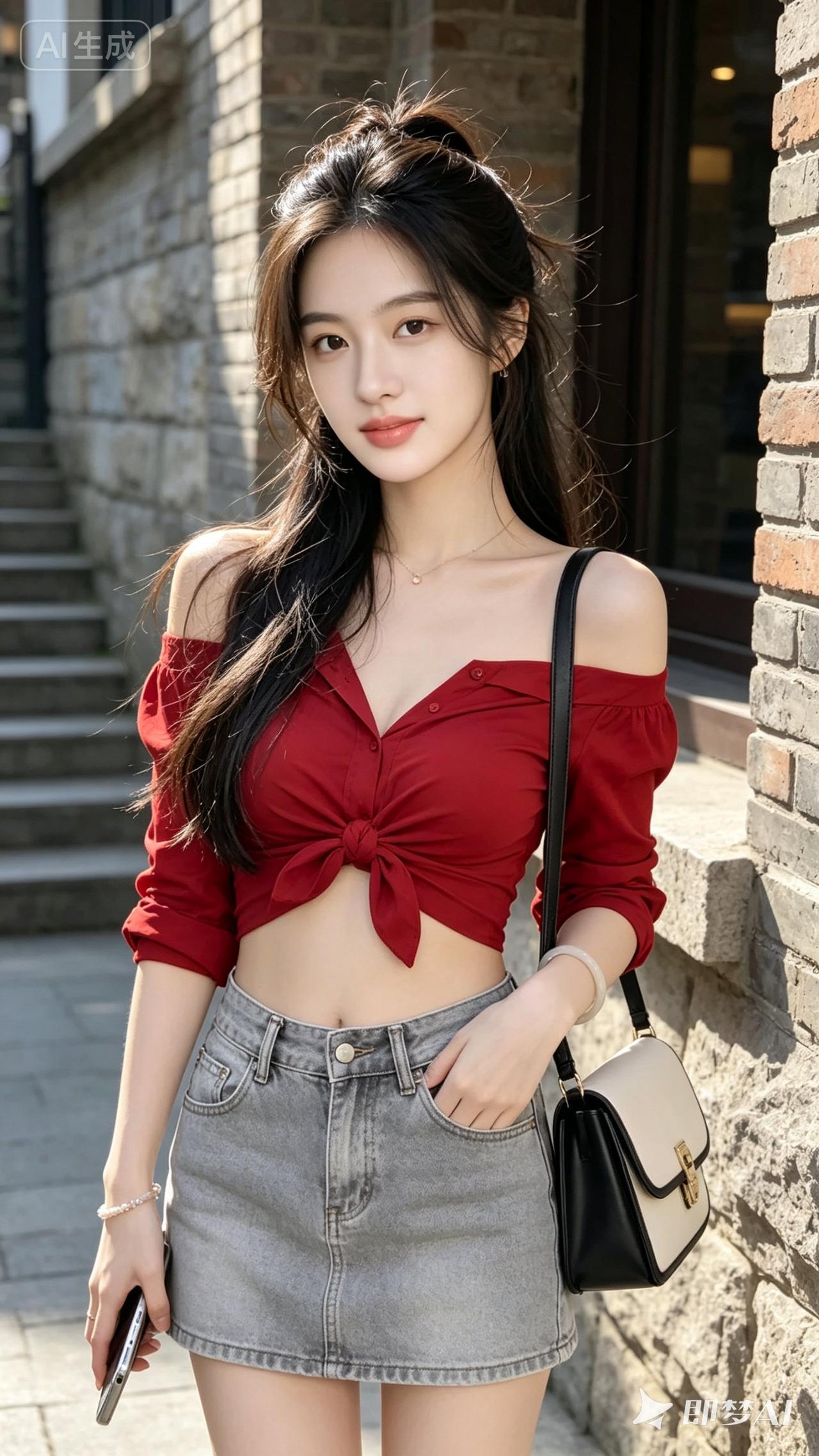 元气少女穿搭指南：红衣少女与牛仔短裙的完美搭配