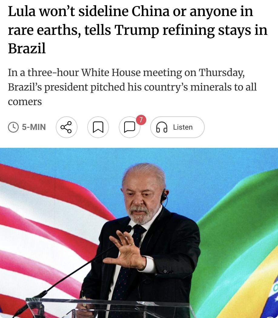 外媒:巴西总统卢拉白宫密会特朗普长达三小时，当场亮出强硬稀土态度，不跟风站队排挤