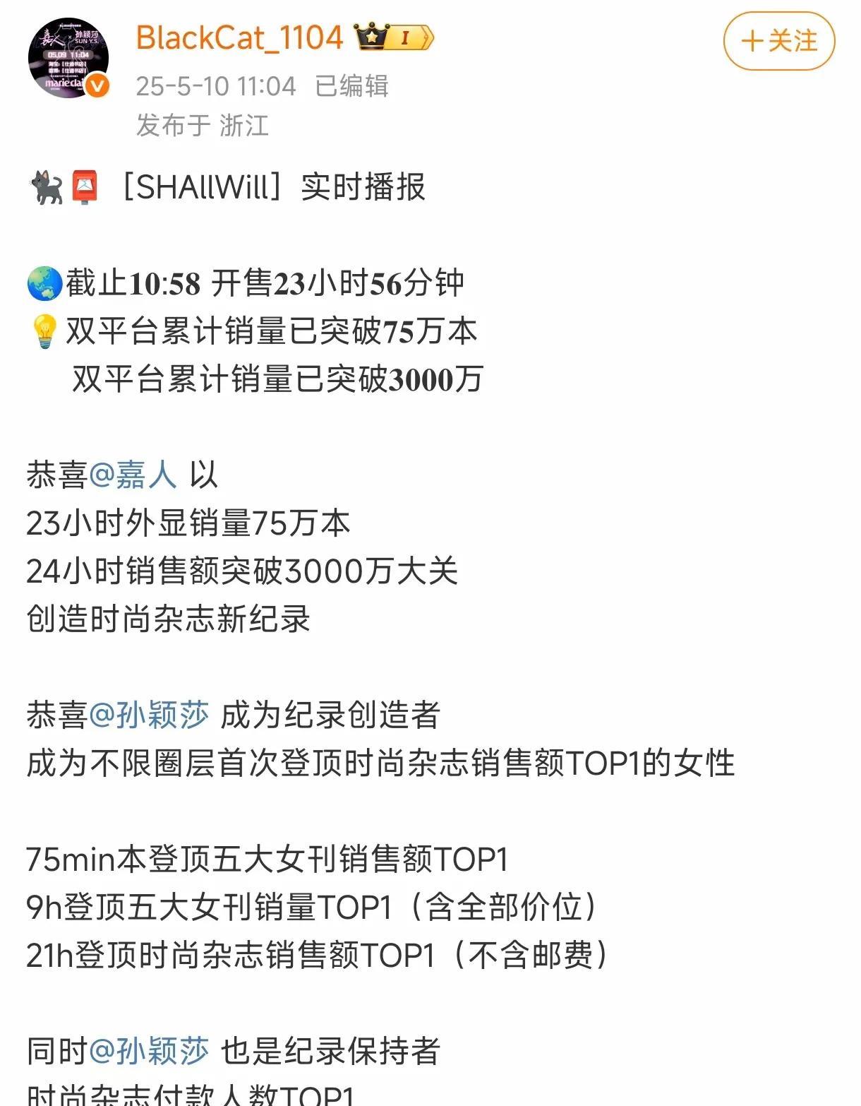 这就是莎莎粉丝的实力。嘉人莎莎特刊开售24小时，售出75万本，销售额突破30