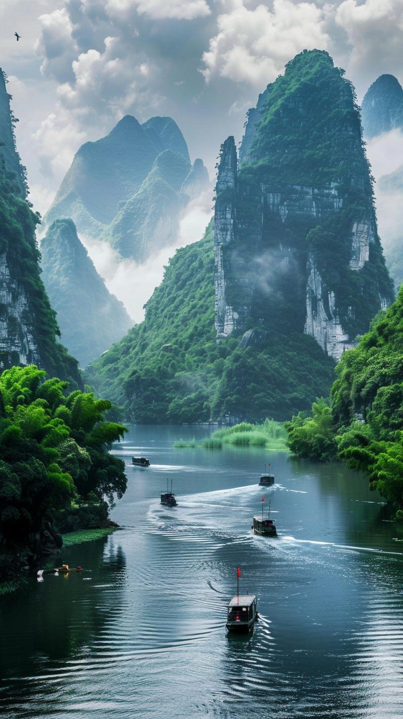 桂林山水甲天下漓江如练，裁开翠峰千座。孤峰拔地而起，青黛裹着岩骨，云雾在山腰织