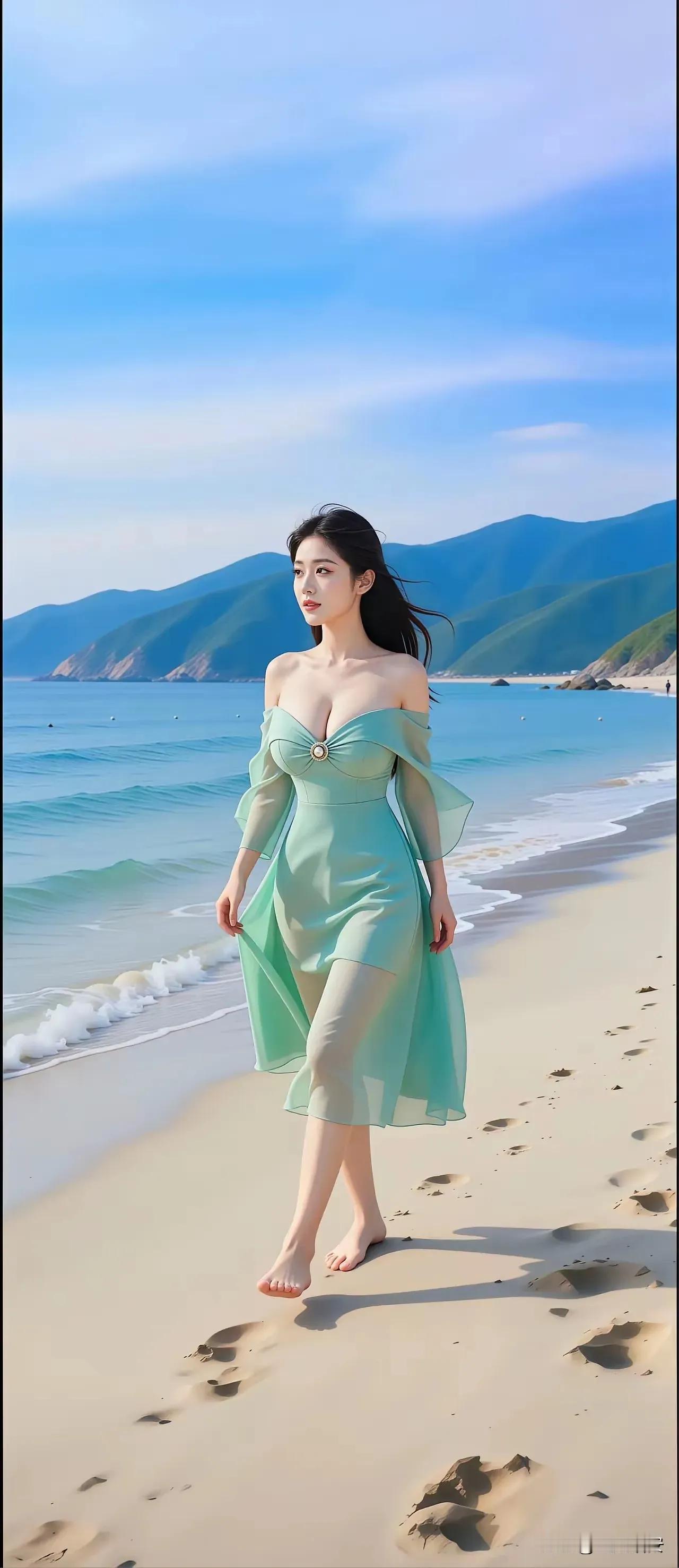海边游玩的少女，刚在海中玩水出来，走在沙滩上的脚步是那么清晰，不愧是沙滩海浪美少