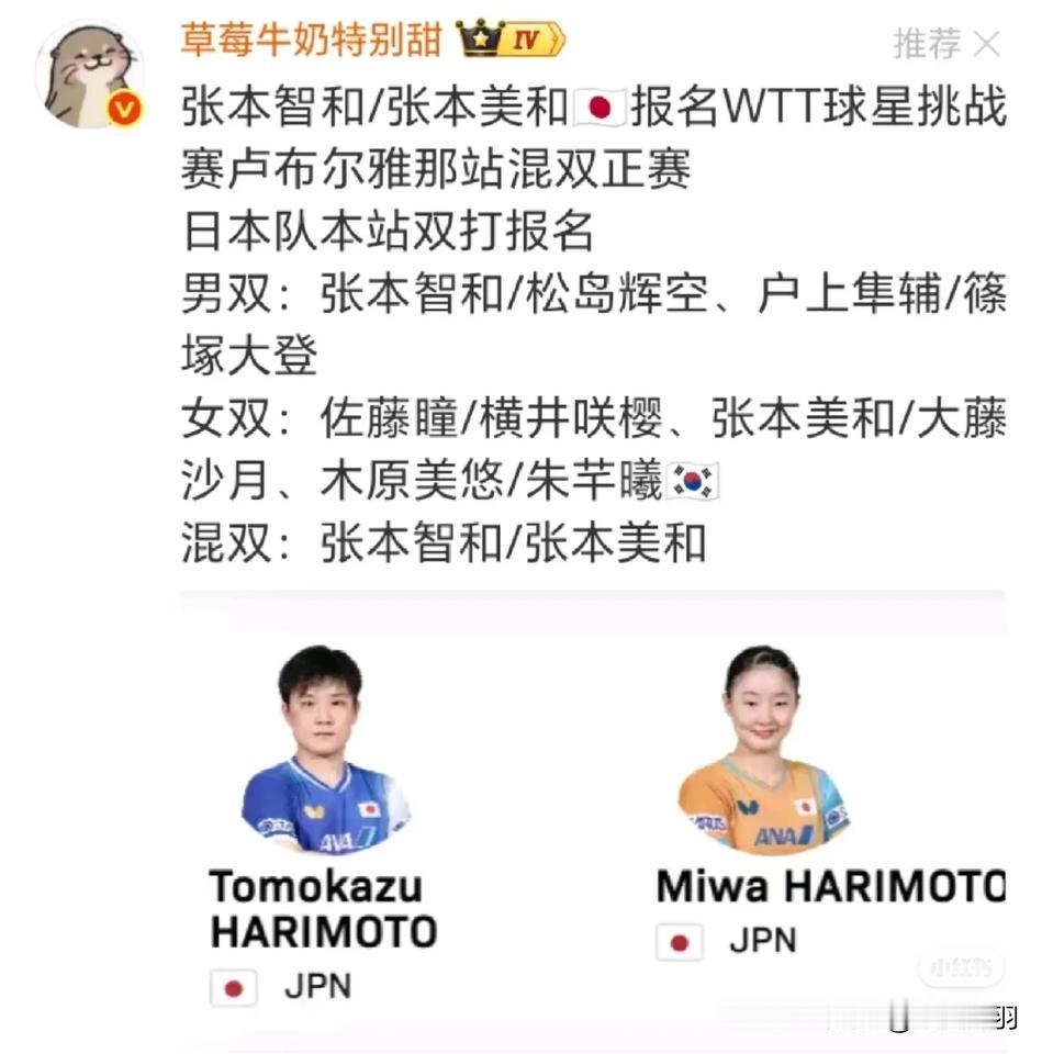 张本智和和妹妹再次配对，是不是看到奥运有机会冲莎头去的？本子本来就想跟妹妹配对