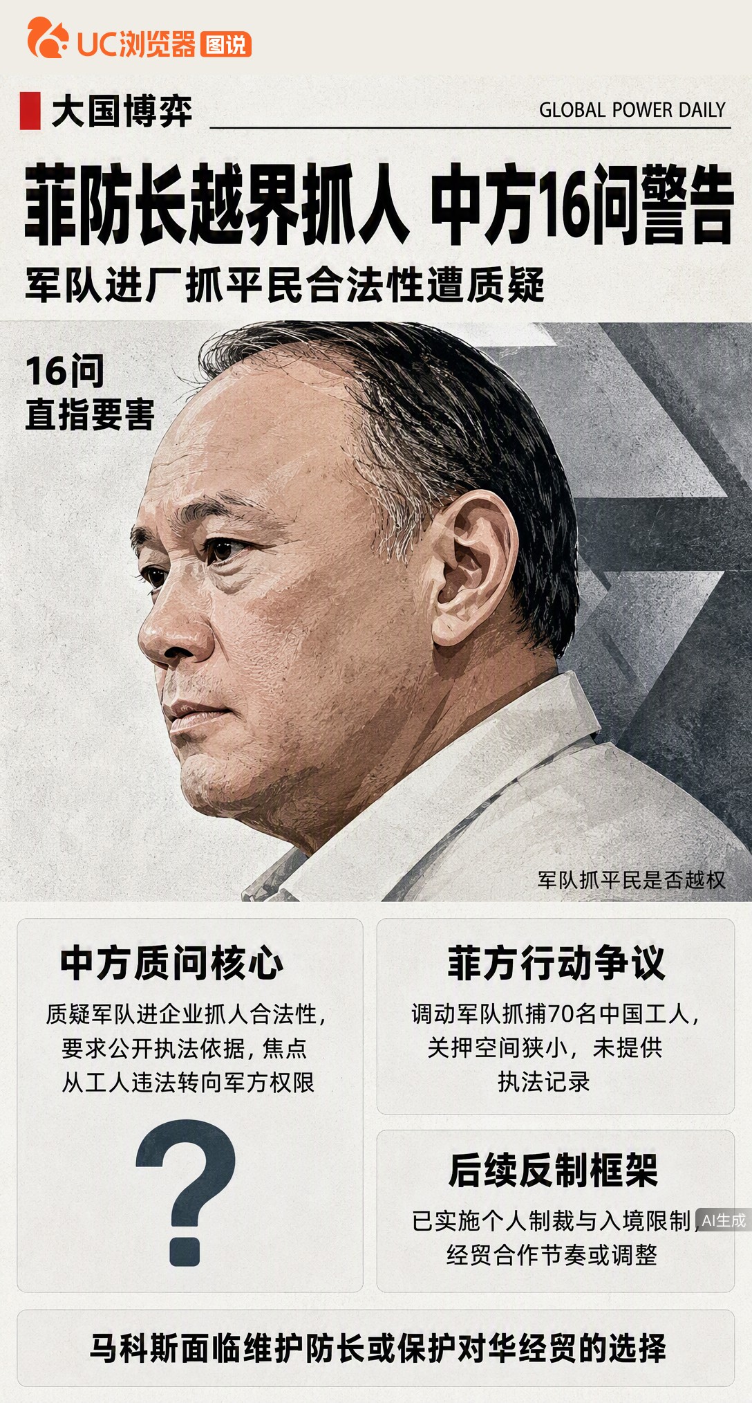菲防长调军队抓70名中国工人，中方16问直指越界：非战时动用军队抓平民，执法依据何在？马科斯现在面临