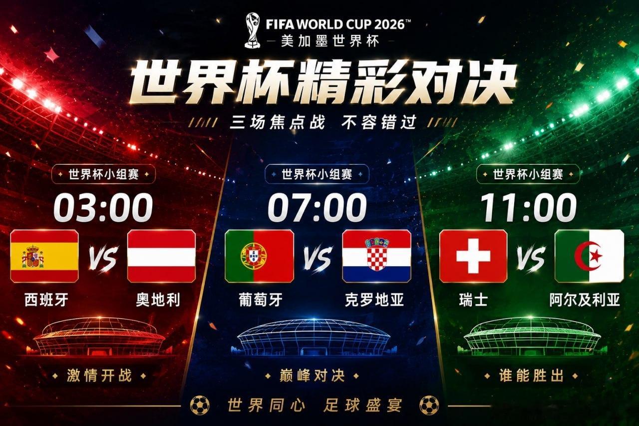 世界杯精彩继续，三场大战轮番上演！🔥03:00🇪🇸西班牙vs奥地利?