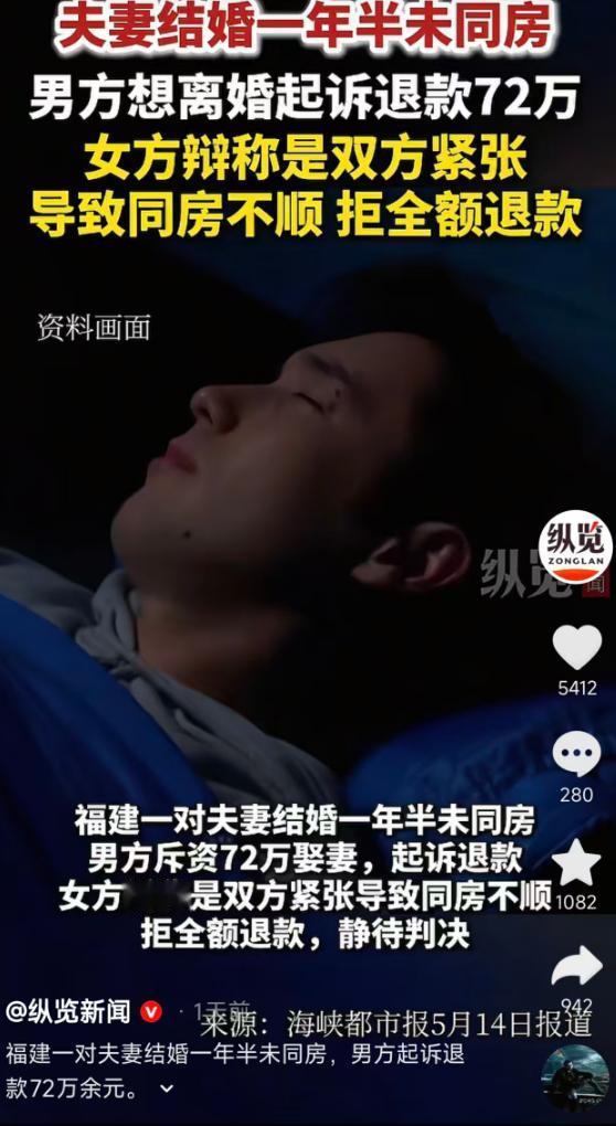 5月14日报道，福建一对夫妻结婚一年半没同房，男方当初花了72万彩礼、三金和婚礼
