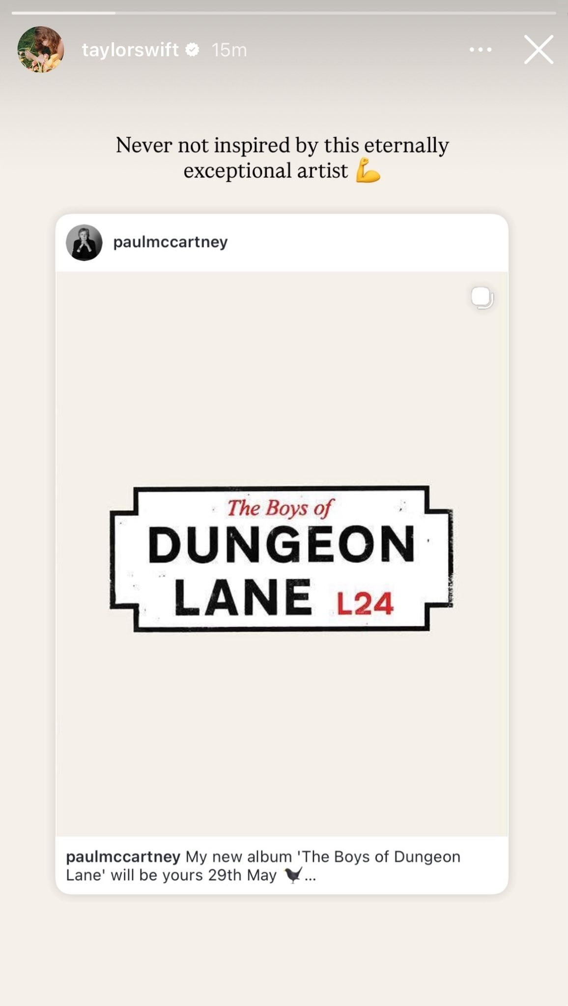 霉霉TaylorSwift通过IGStory分享了PaulMcCart