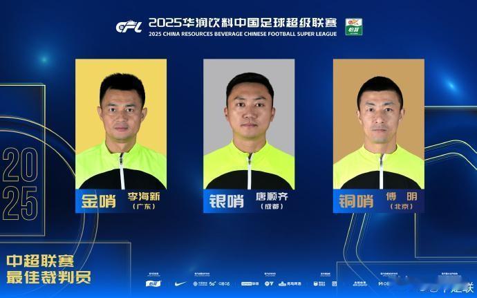 中超联赛金哨银哨铜哨揭晓，但获奖者却引来争议。金哨是李海新银哨是唐顺齐铜哨