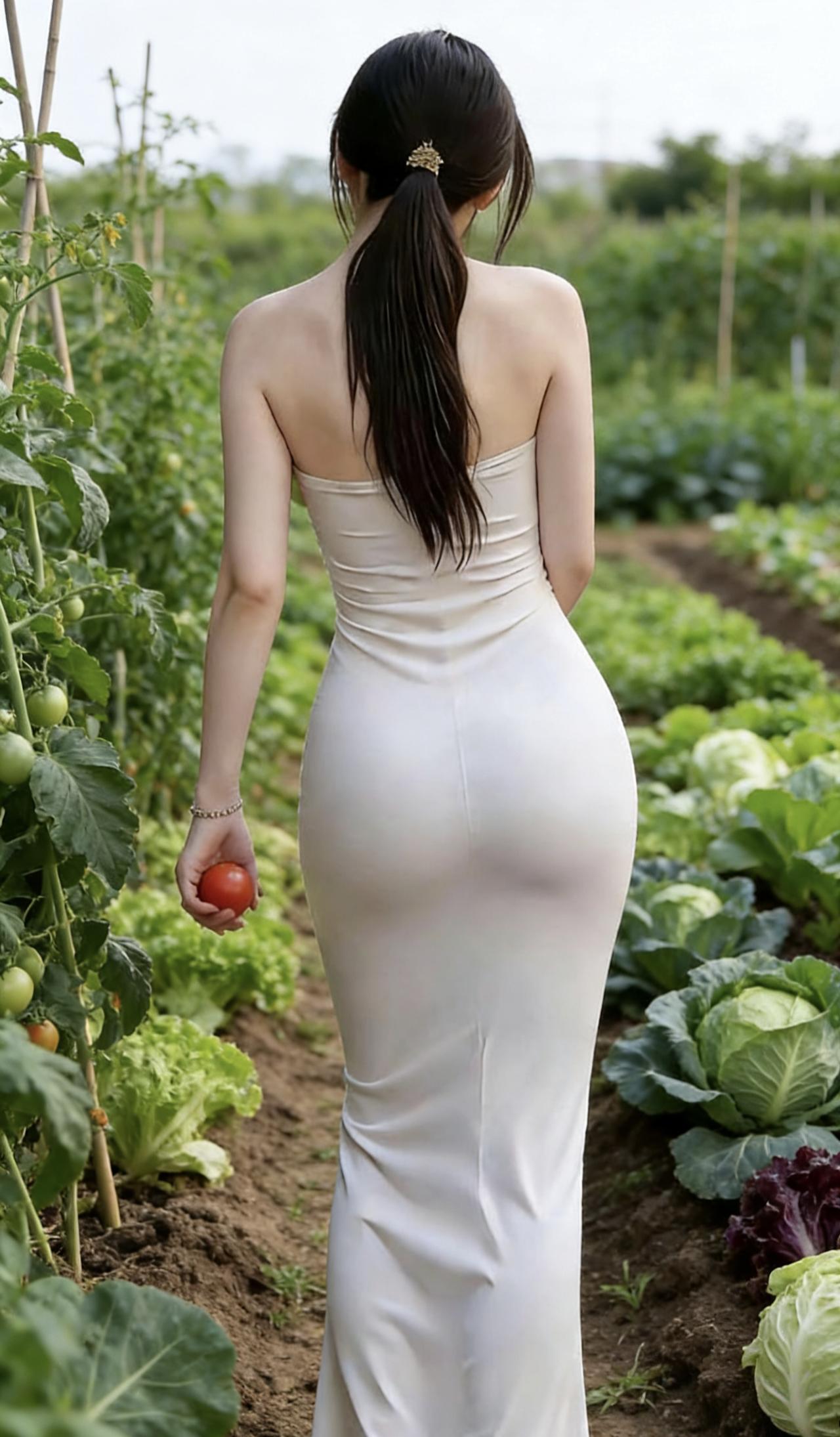 素裙袅袅立田畴，玉手轻拈番茄柔。绿野分行生雅韵，青蔬满目映娇羞。风梳秀发云垂