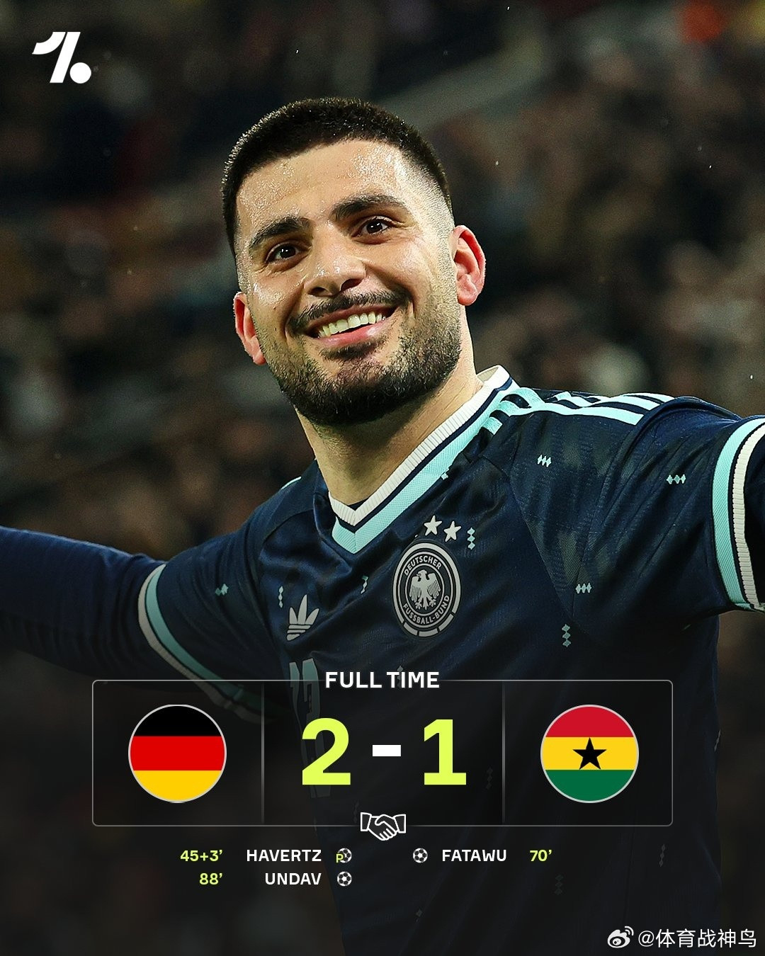 德国队德尼兹·乌达夫在比赛尾声阶段打入制胜球，帮助德国在主场友谊赛中击败加纳。