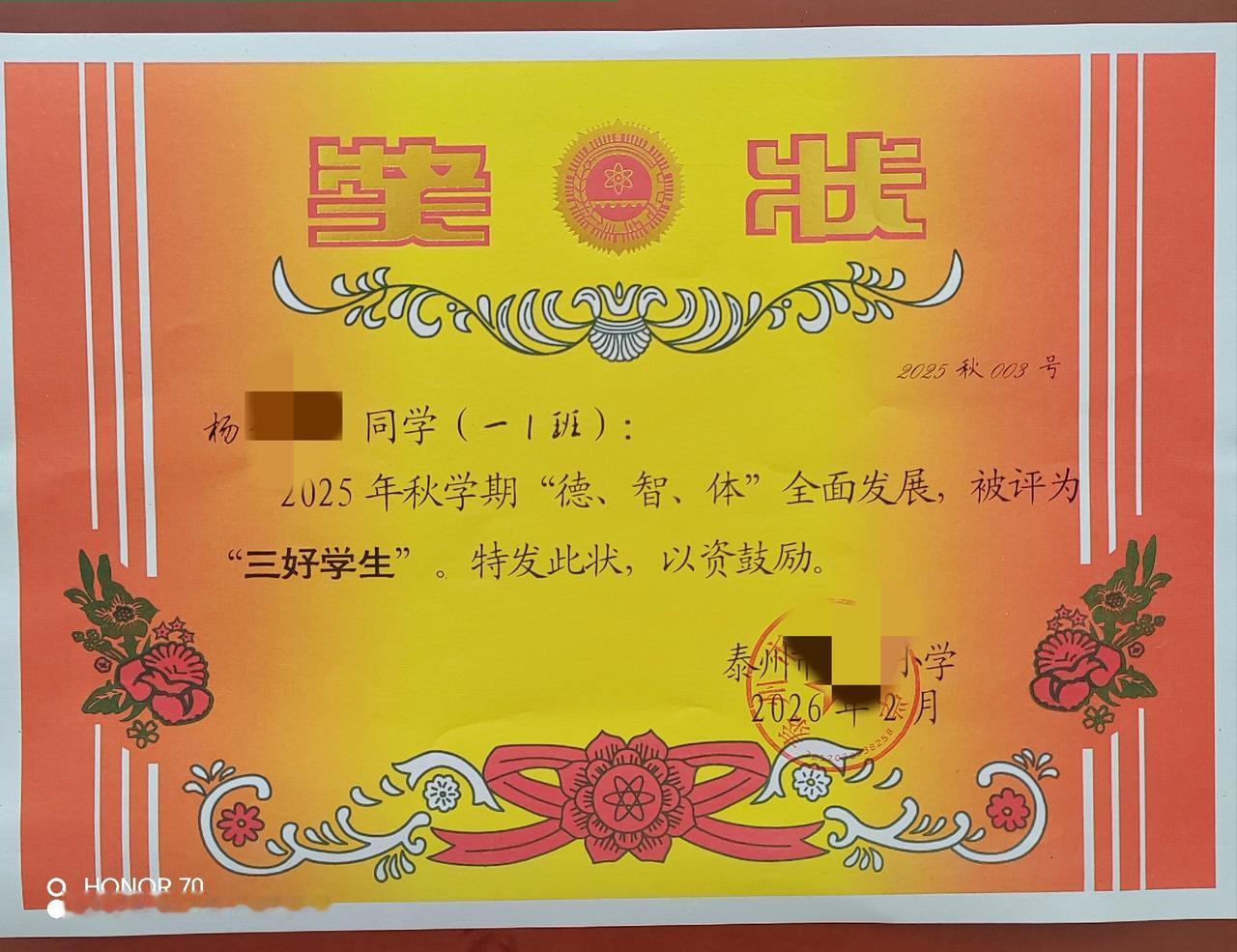 今天很不开心，是因为孙子拿回来的奖状，本来还是很开心的，看到他拿回来奖状，我赶紧