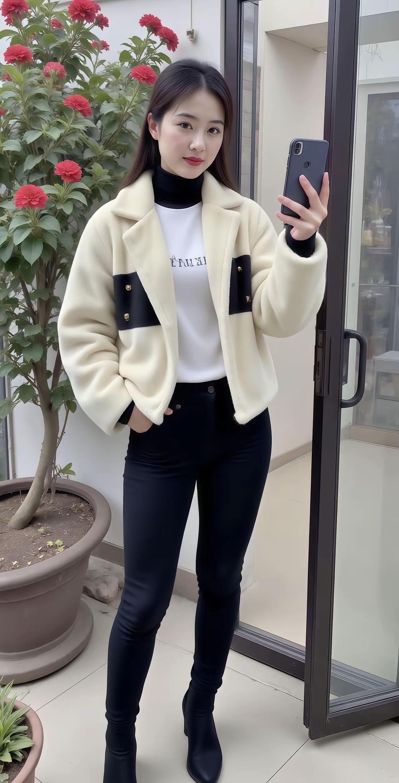 冬日穿搭指南：米色羊羔绒外套+黑色紧身裤，温暖又时尚！