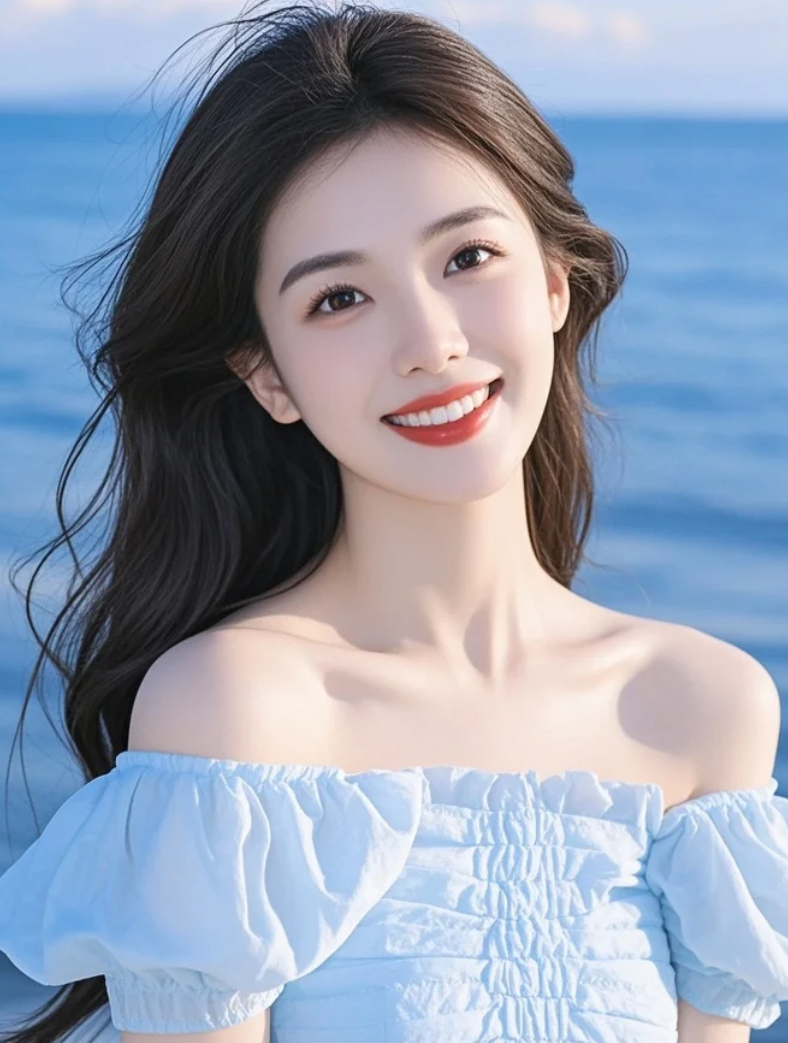 发丝发光！海蓝背景中，她自信微笑如诗，这“光感美人”是真实存在的吗？
