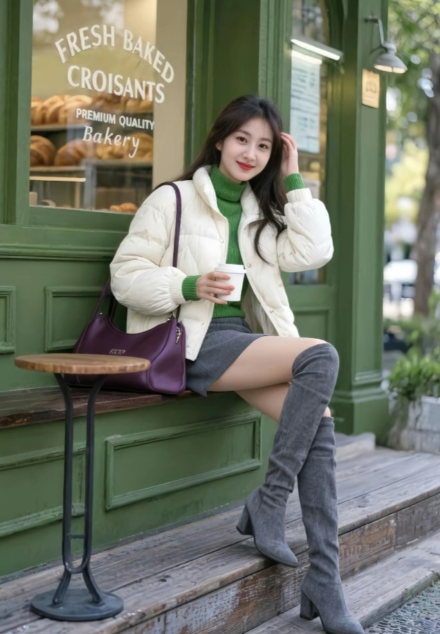 精致的五官+高筒靴+大长腿