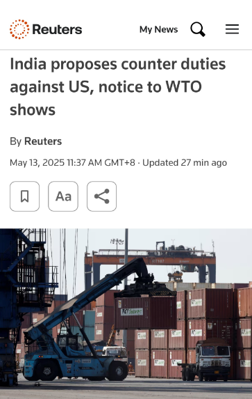 日内瓦谈判结束后，中方获胜令印度激动，果断宣布对美进行反制！路透社5月12日
