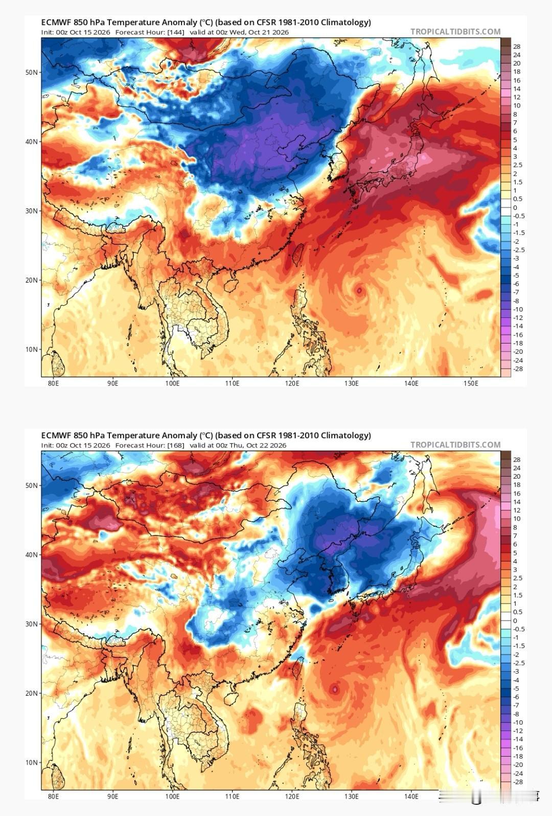 冷空气南下消息。据气象流场气温预测显示，在10月20日一股强冷自外蒙古开始，。0