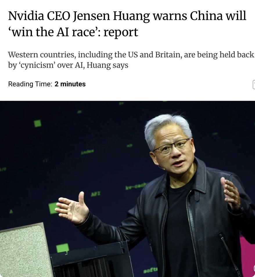 外媒：Nvidia首席执行官黄仁勋警告称，中国可能会赢得人工智能竞赛。他认为西方