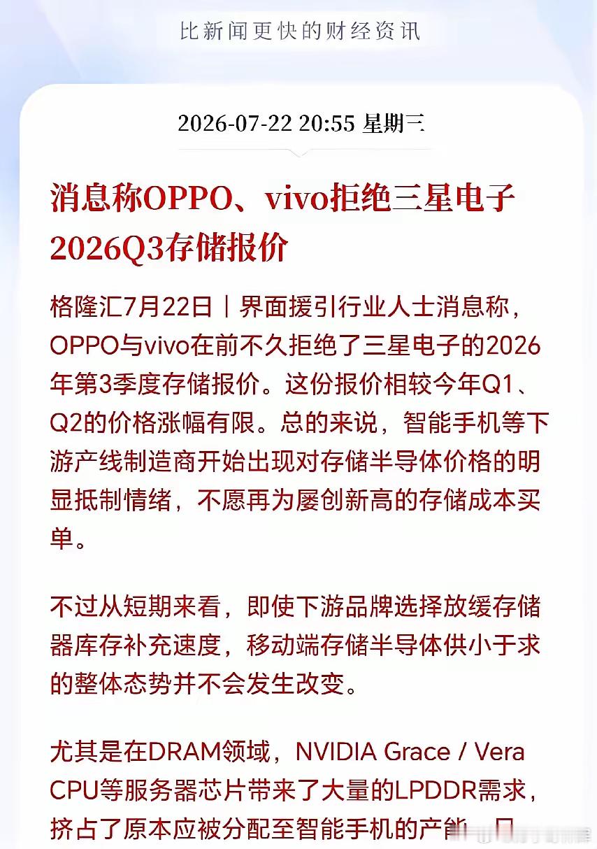 存储芯片连涨三个季度，下游厂商终于扛不住了。OPPO和vivo近期直接拒绝了三星