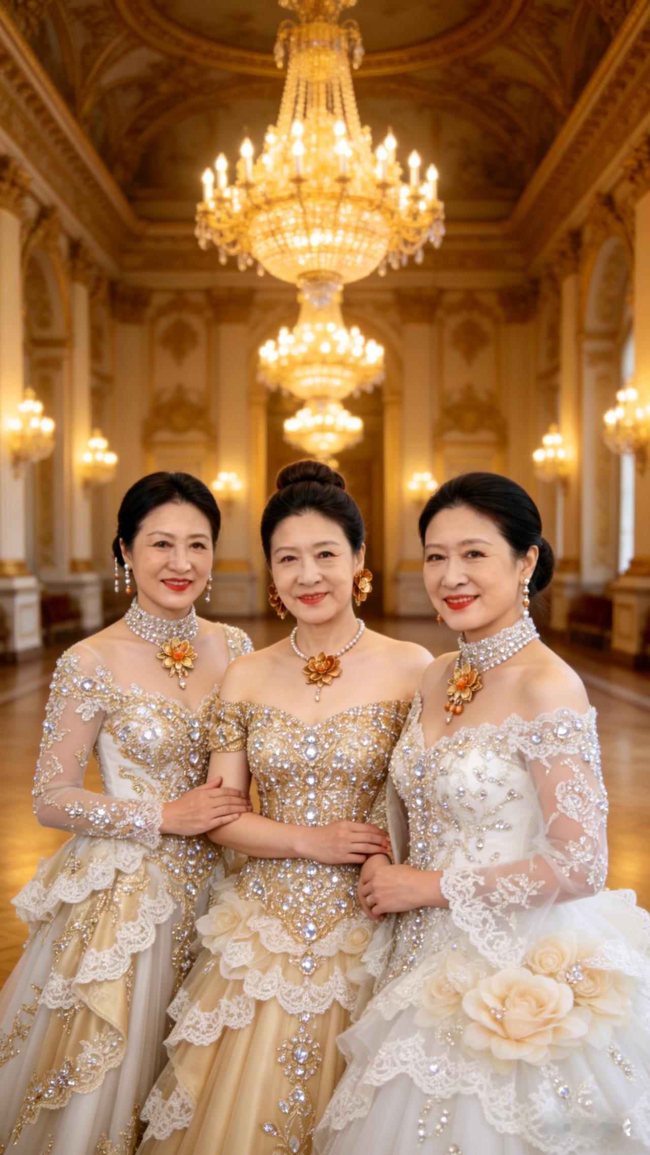 三位姐妹穿着华丽的晚礼服，站在一起微笑。你评那位在你心中最好！