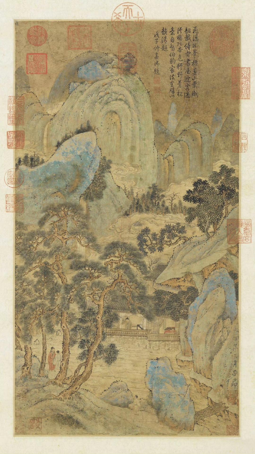 赵孟頫（款）春山飞瀑图，台北故宫博物院藏。​​​【云松下鹤图】华喦​​​