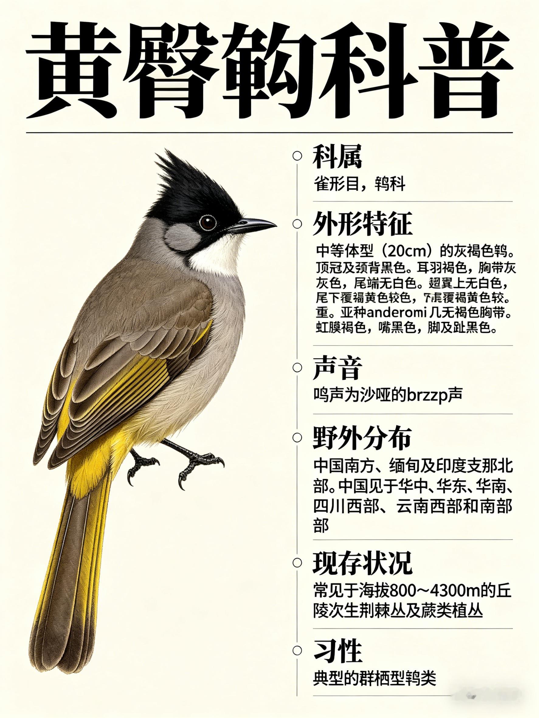 鸟类朋友图鉴黄臀鹎·科属：雀形目，鹎科。·外形特征：中等体型（20cm）的灰褐