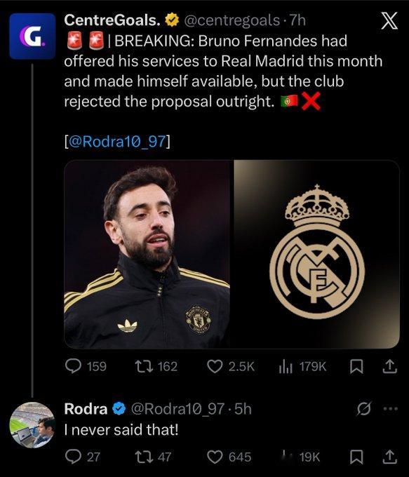 关于ESPN记者Rodra报道B费本月曾向皇家马德里提出加盟意愿，但皇马断然拒绝