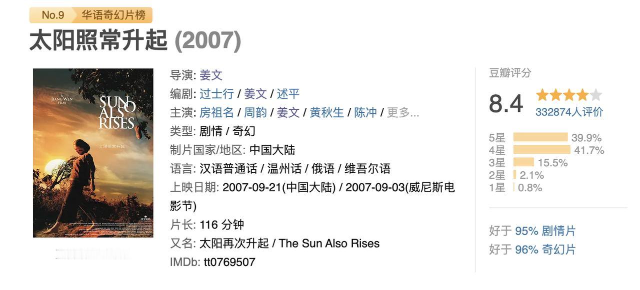 陈奕迅在演唱会上说他也看姜文的电影《太阳照常升起》。第一遍的时候，他没有看懂