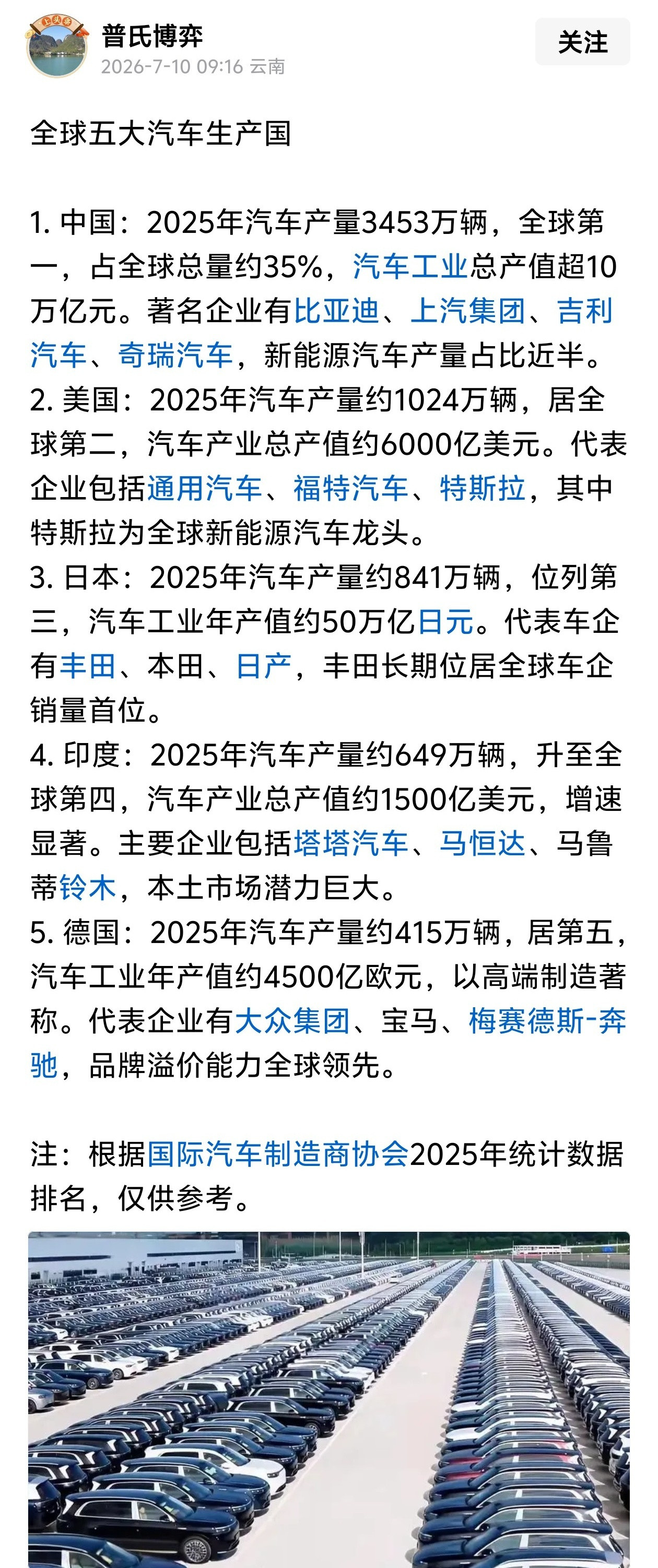 全球五大汽车生产国，原来中国的汽车产业已经如此发达。